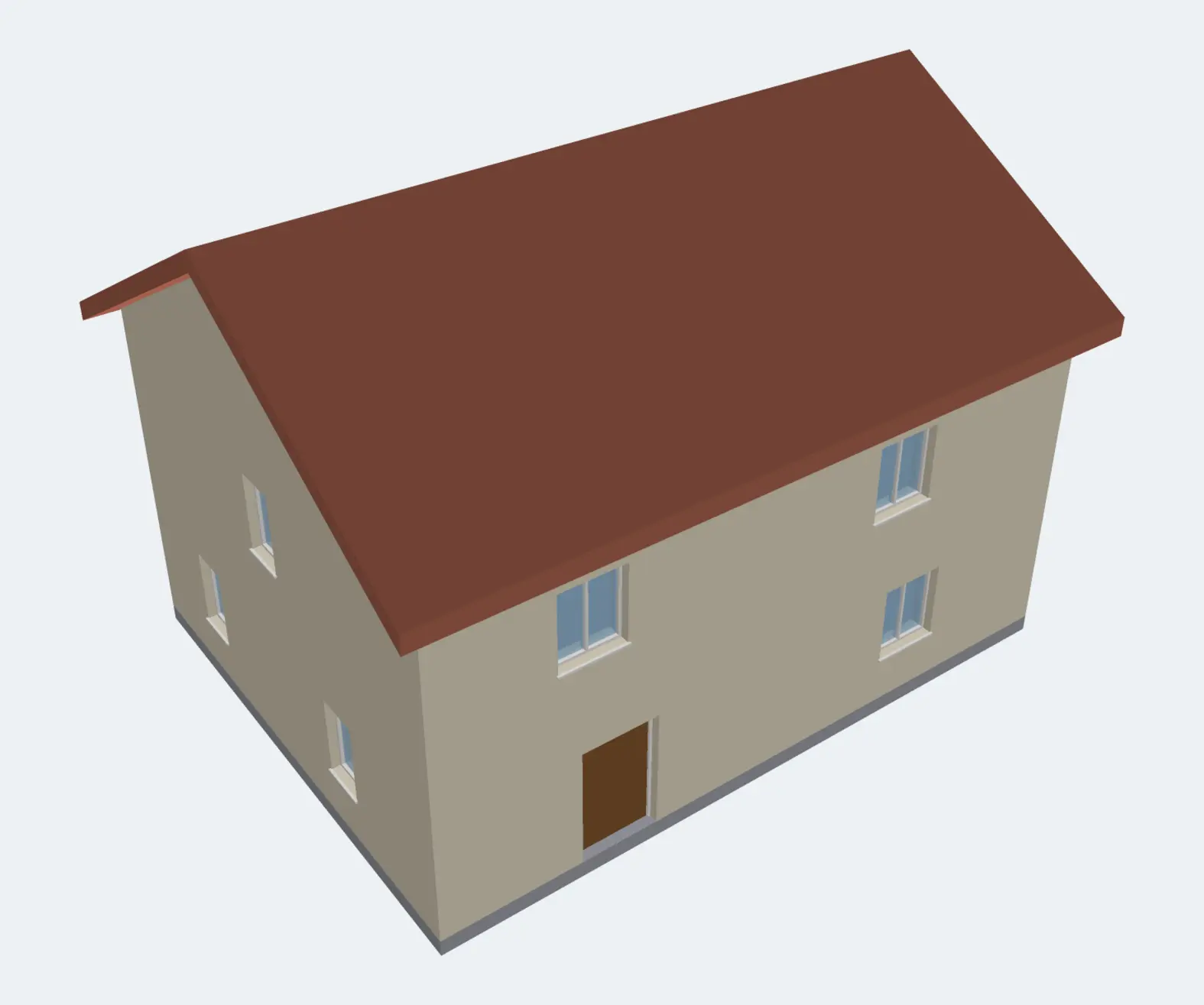 Vista 3D della casa di esempio con il tetto a due falde e i timpani