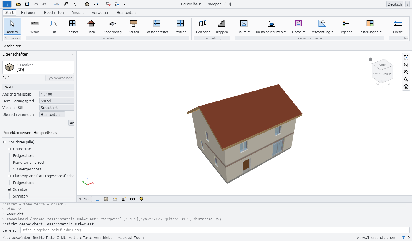 Das BIMopen-Fenster mit dem Beispielhaus in der 3D-Ansicht