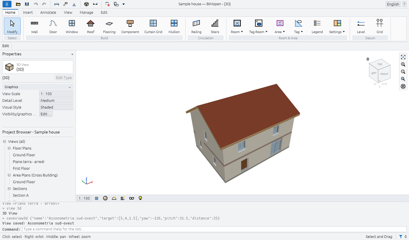 The BIMopen window with the sample house in the 3D view