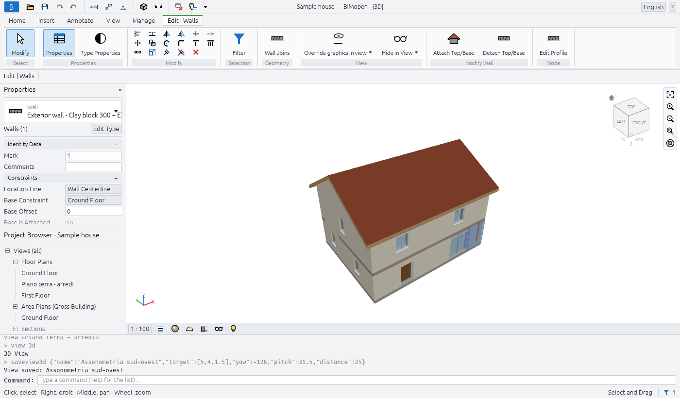 A wall selected: the contextual tab Edit | Walls and its properties