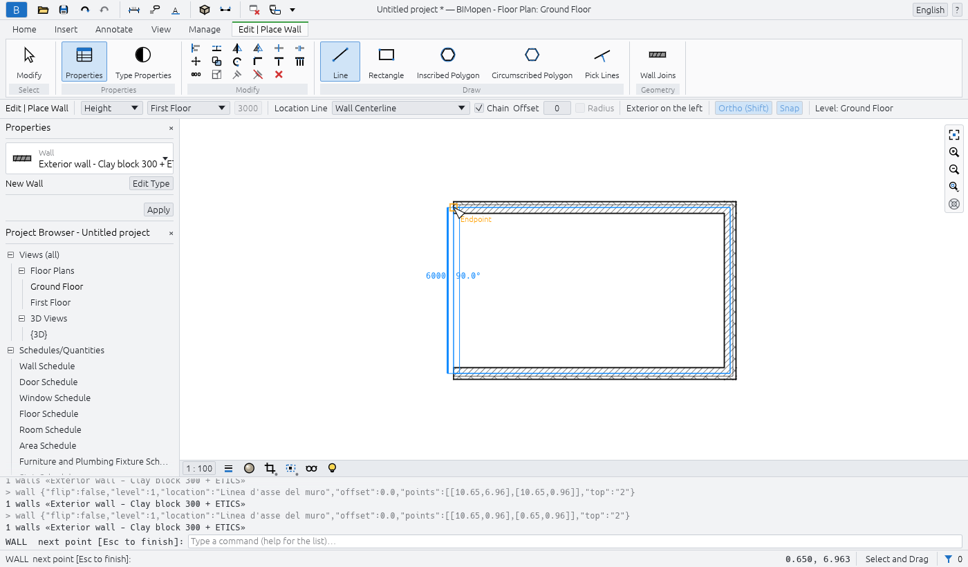 Drawing walls: the contextual tab, the options bar and the wall being drawn