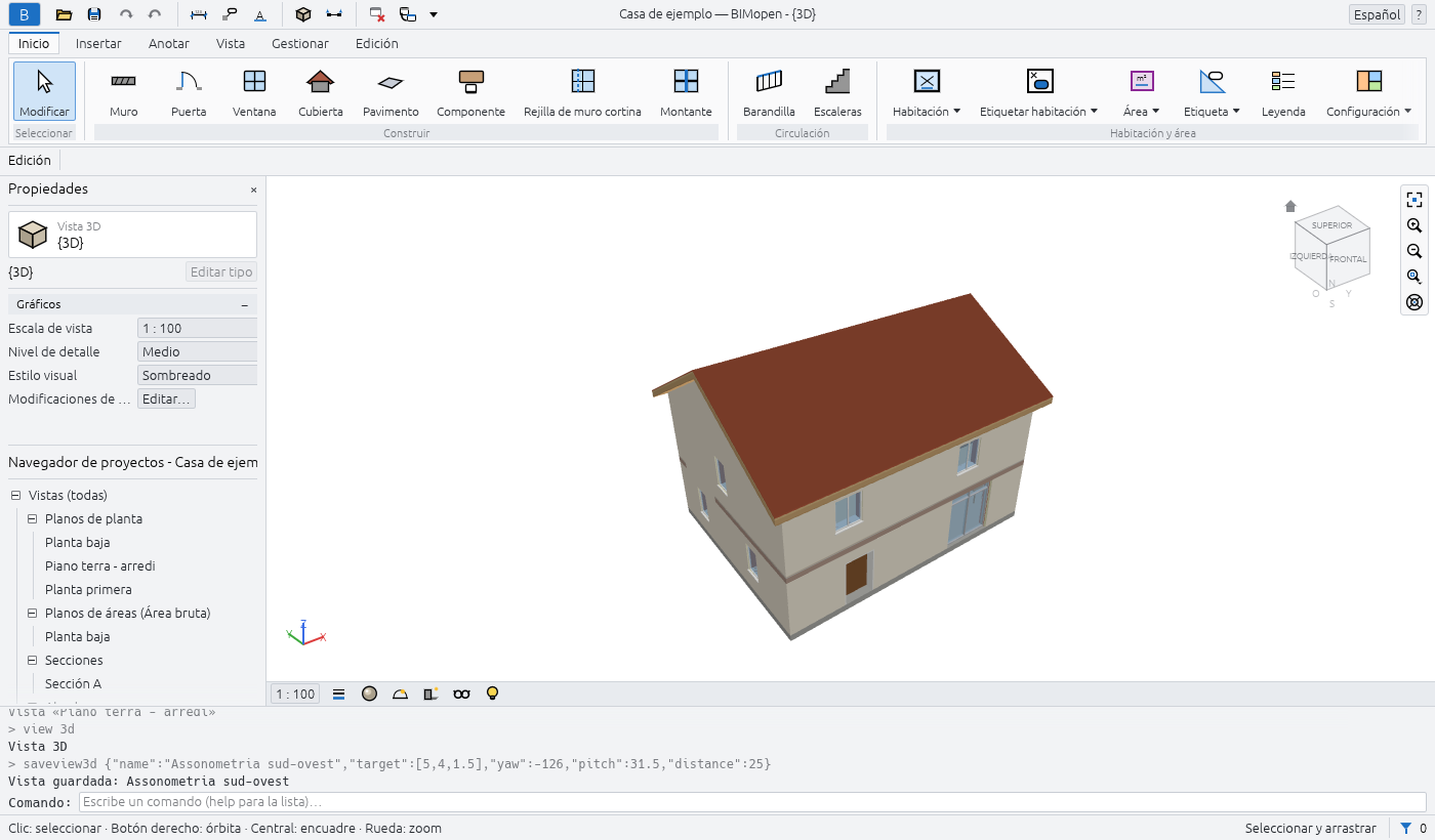 La ventana de BIMopen con la casa de ejemplo en la vista 3D